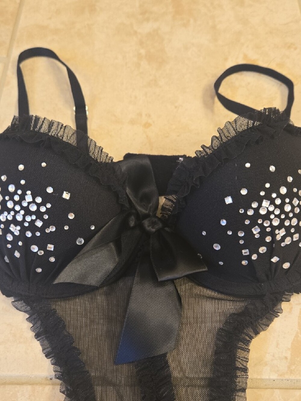 Victoria's Secret Black Sheer Rhinestone Babydoll with Matching Panty
